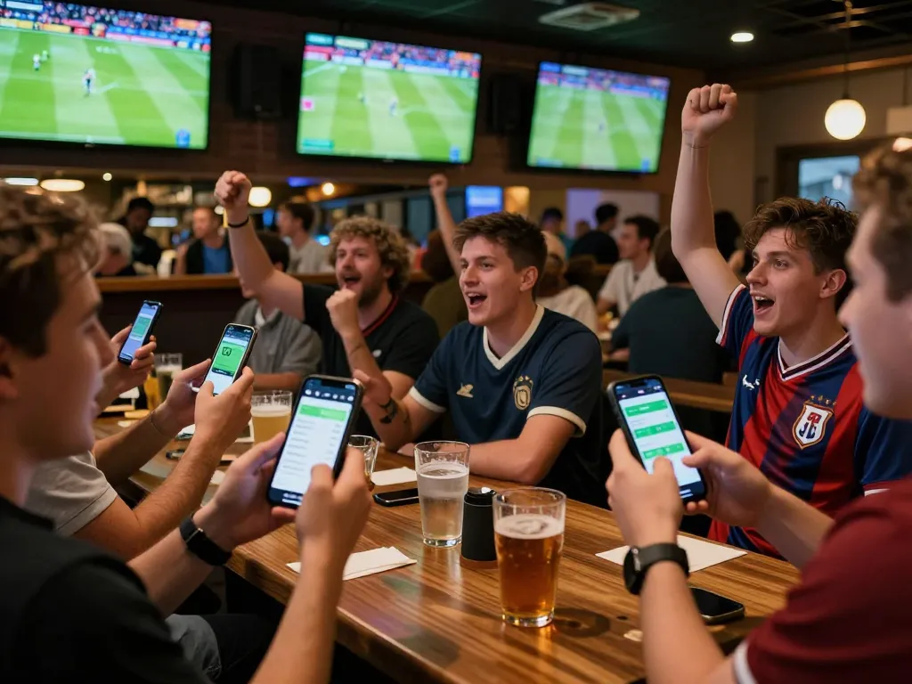 KQBD real-time sports betting excitement at a lively bar with fans cheering on their teams.