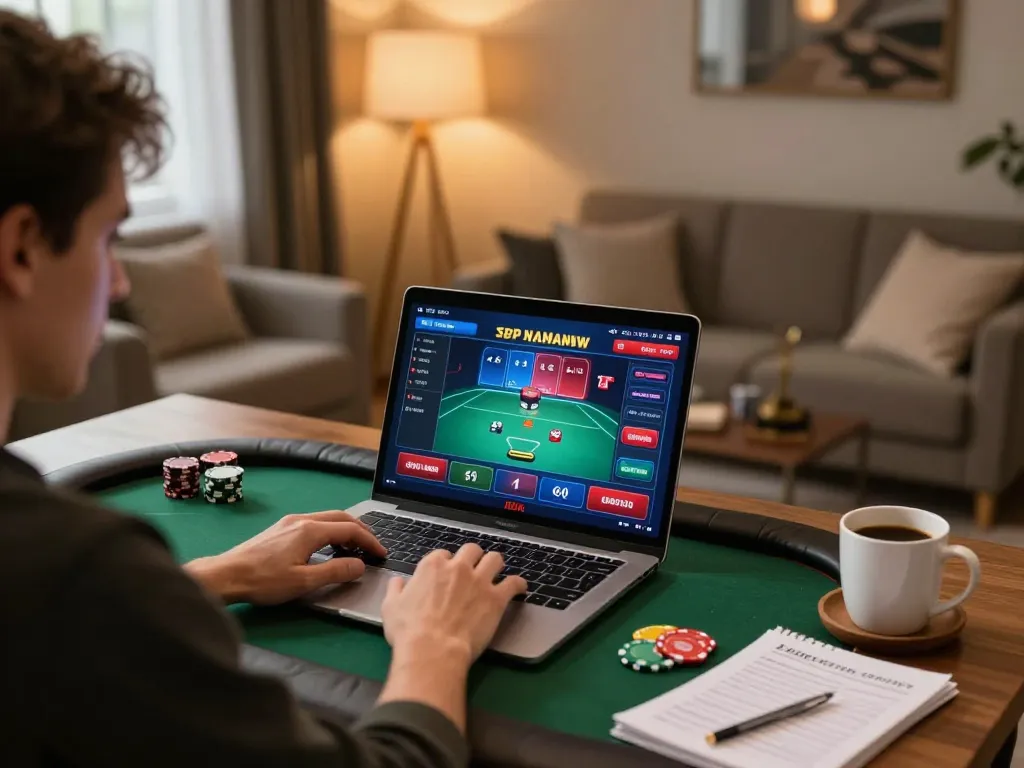 Player engaging in JUN88 online casino gaming with vibrant atmosphere and cozy home setting.