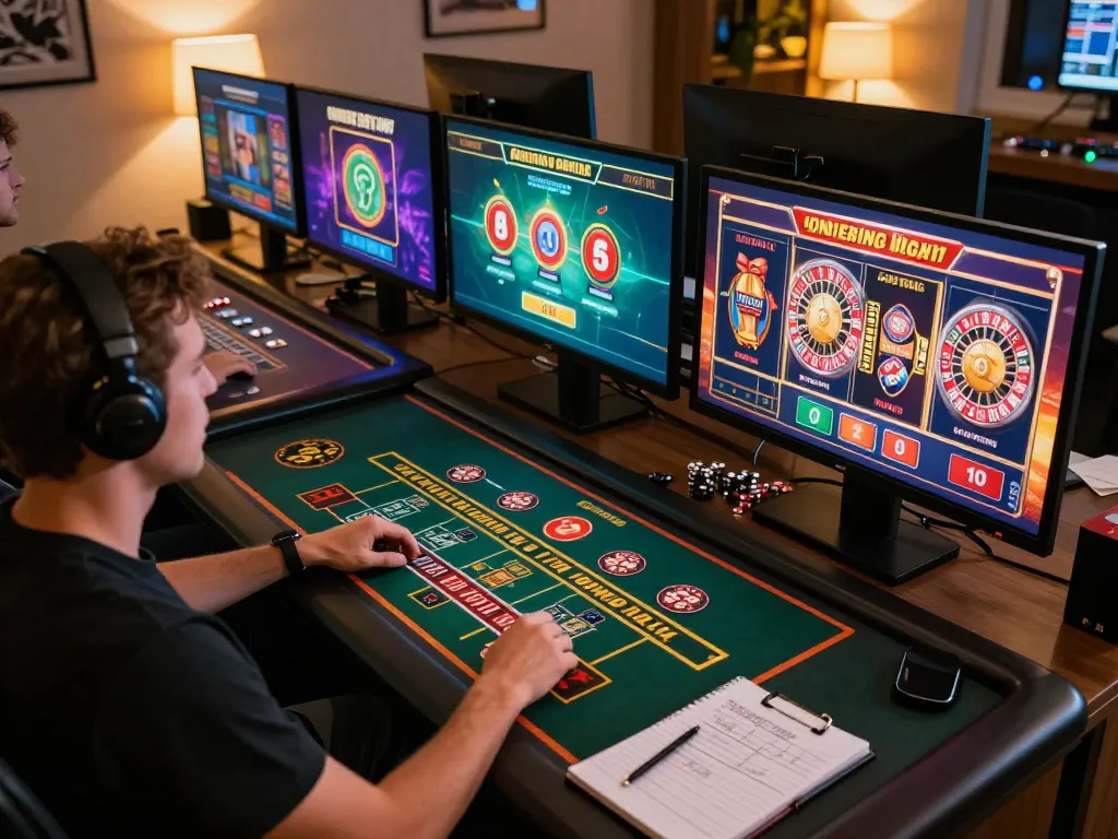 Good88 player strategizing with multiple screens showcasing live games in a warm home environment.