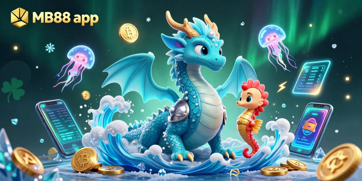 Join the fun at MB88 app with a vibrant 3D illustration of a water dragon, a seahorse knight, and glowing jellyfish.