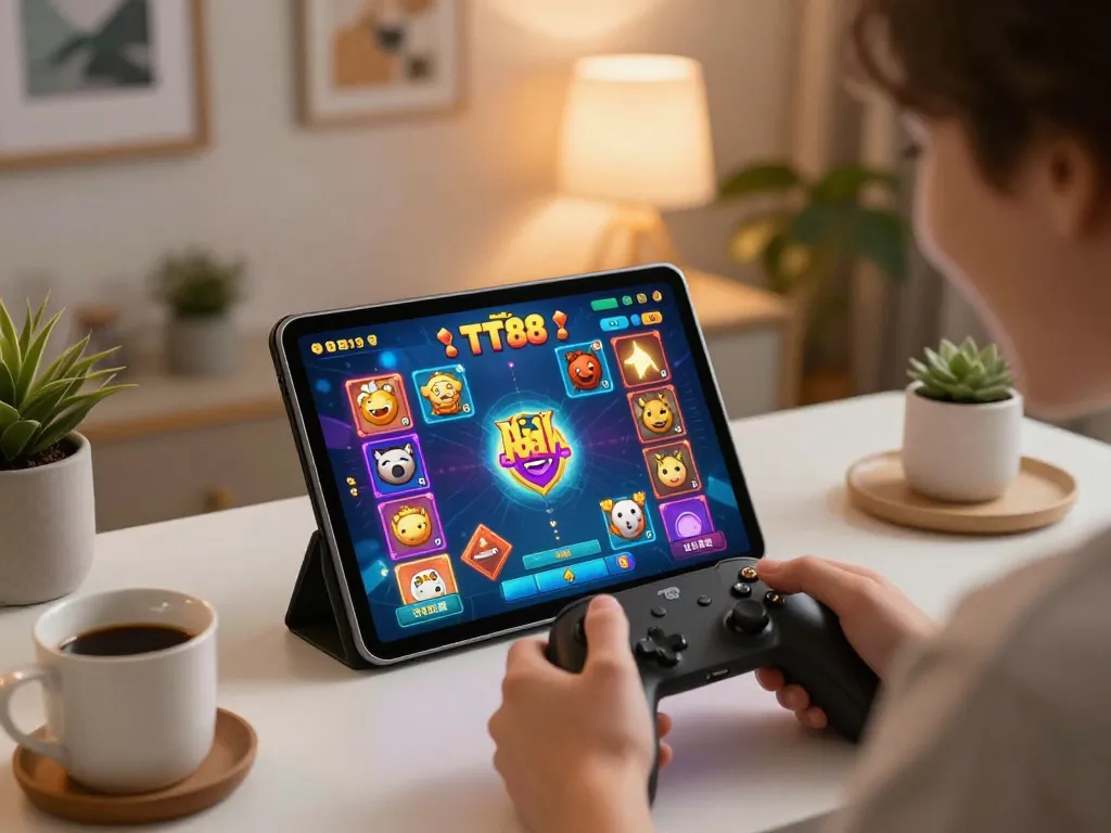 Experience TT88 nổ hũ excitement with a player immersed in a jackpot game at home.