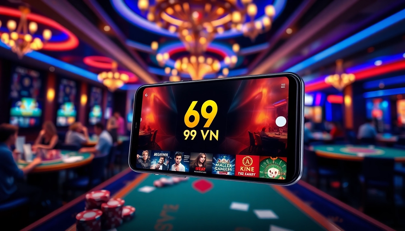 Exciting 69VN mobile gaming app interface displayed on a sleek smartphone in a vibrant casino setting.