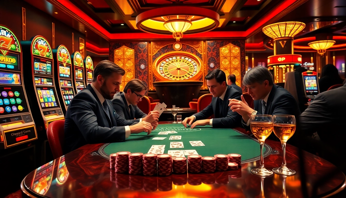 High-stakes poker game at Vmax casino, lush lighting and vibrant poker chips create a thrilling atmosphere.
