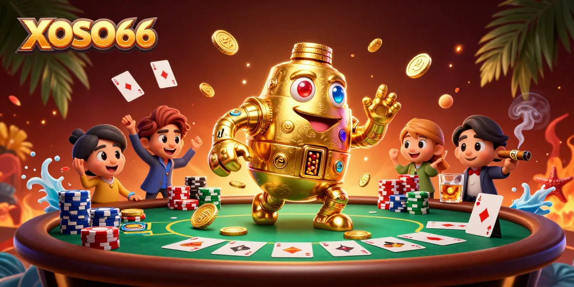 XOSO66 illustrates a dynamic gaming scene with a golden golem amidst casino elements, highlighting exciting stakes.