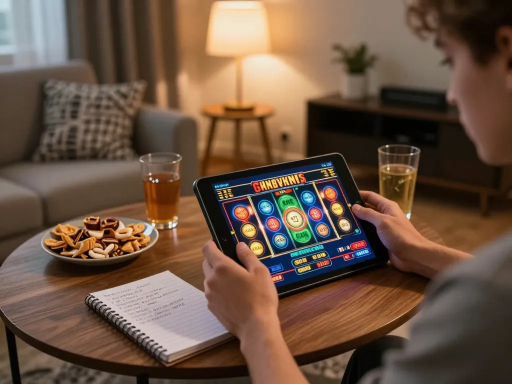 Engaged player enjoying a slot game on https://lucky88.sbs/ with stylish home decor and warm ambient lighting.