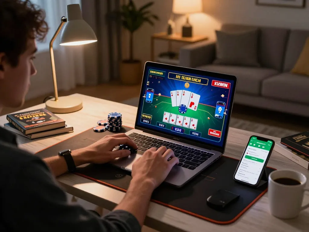 Player enjoying online games at KKWIN, laptops showcasing vibrant casino graphics, cozy home gaming atmosphere.