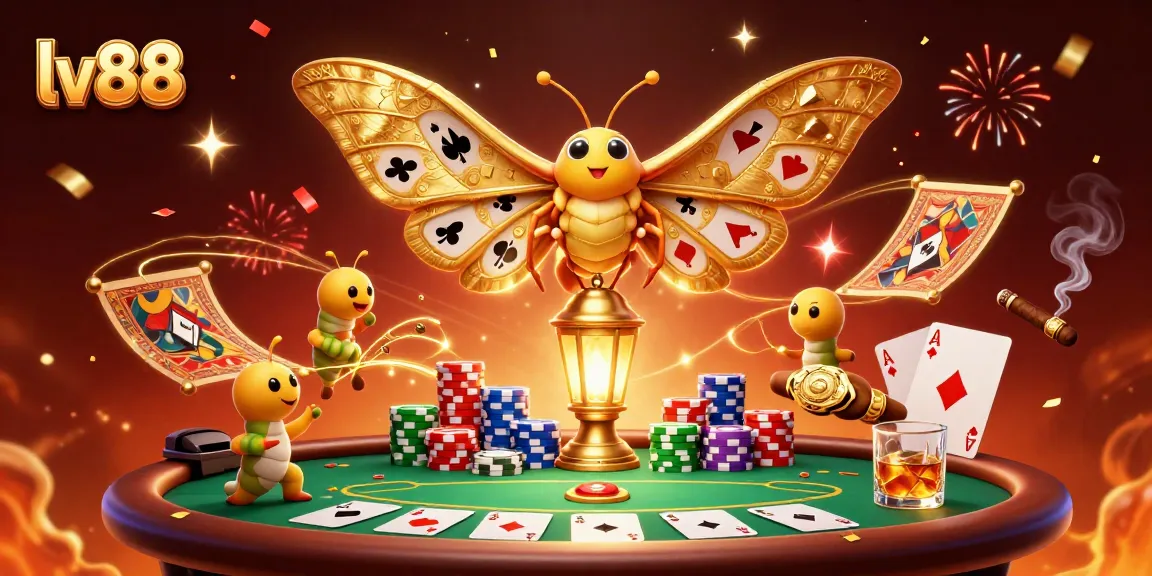 Experience the thrill of lv88 casino with vibrant poker scenes and dynamic golden moths.