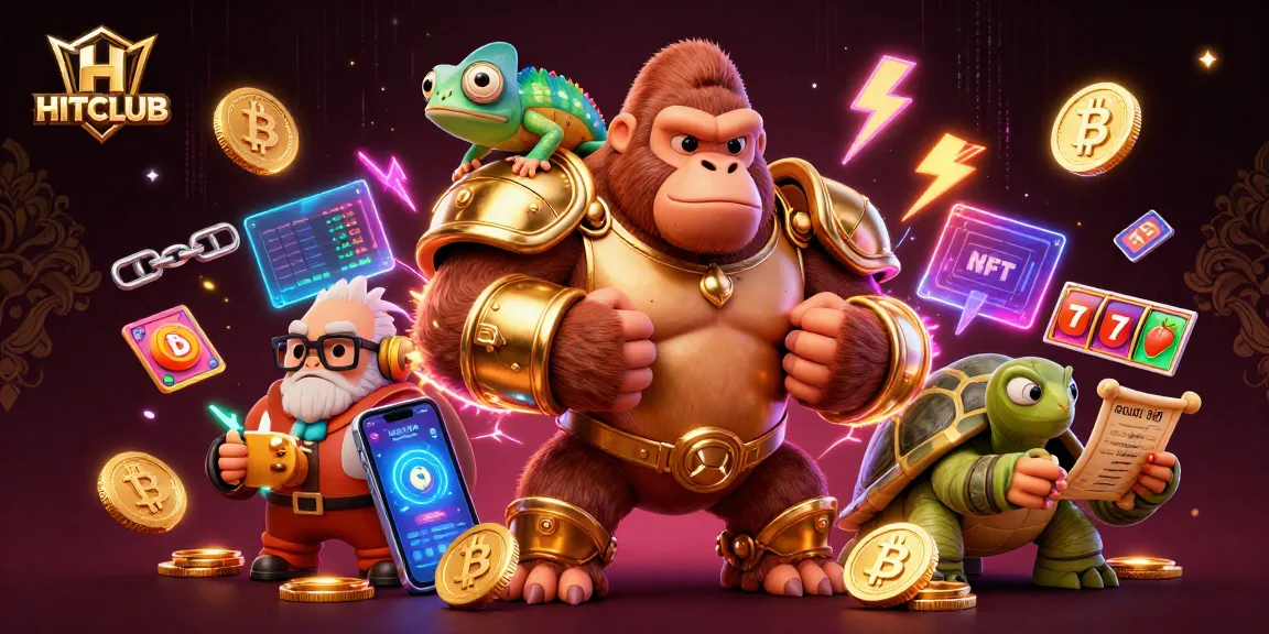 HITCLUB showcases thrilling slot games with a powerful gorilla king in a vibrant, detailed 3D scene.