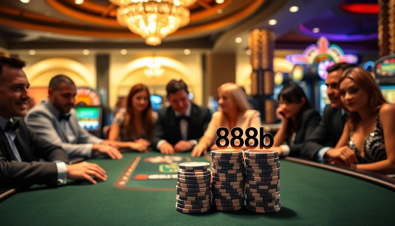 Players enjoy an exciting game at the 888b poker table in a luxurious casino setting.