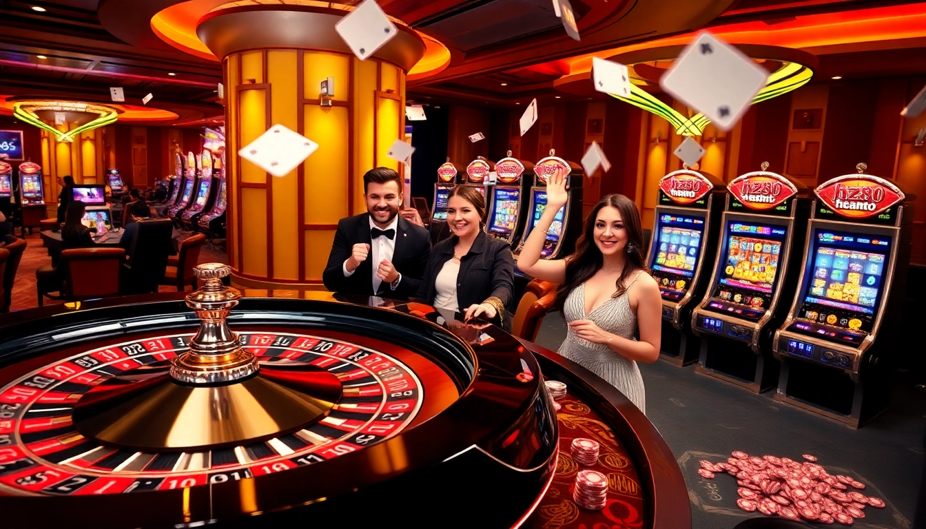 Players celebrating wins at an exciting casino scene with hz88 branding on tables.