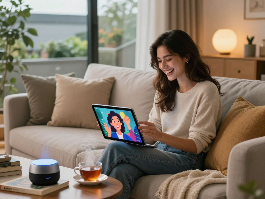 AI girlfriend conversation with a young woman in a cozy modern living room, showcasing emotional connections and technology.