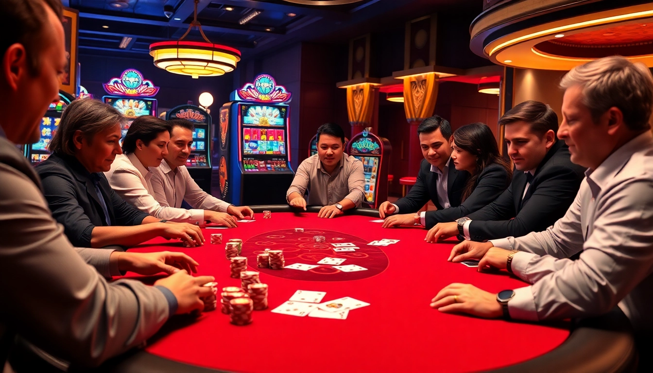 Experience the excitement of hb88 with players at a lavish poker table, chips and cards in action.