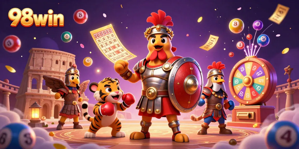 Experience thrilling gameplay with 98win's vibrant visuals of gladiators and exciting lottery games.