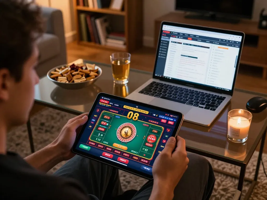 Player engaging with O8 online casino on tablet at home, creating an inviting gaming atmosphere.