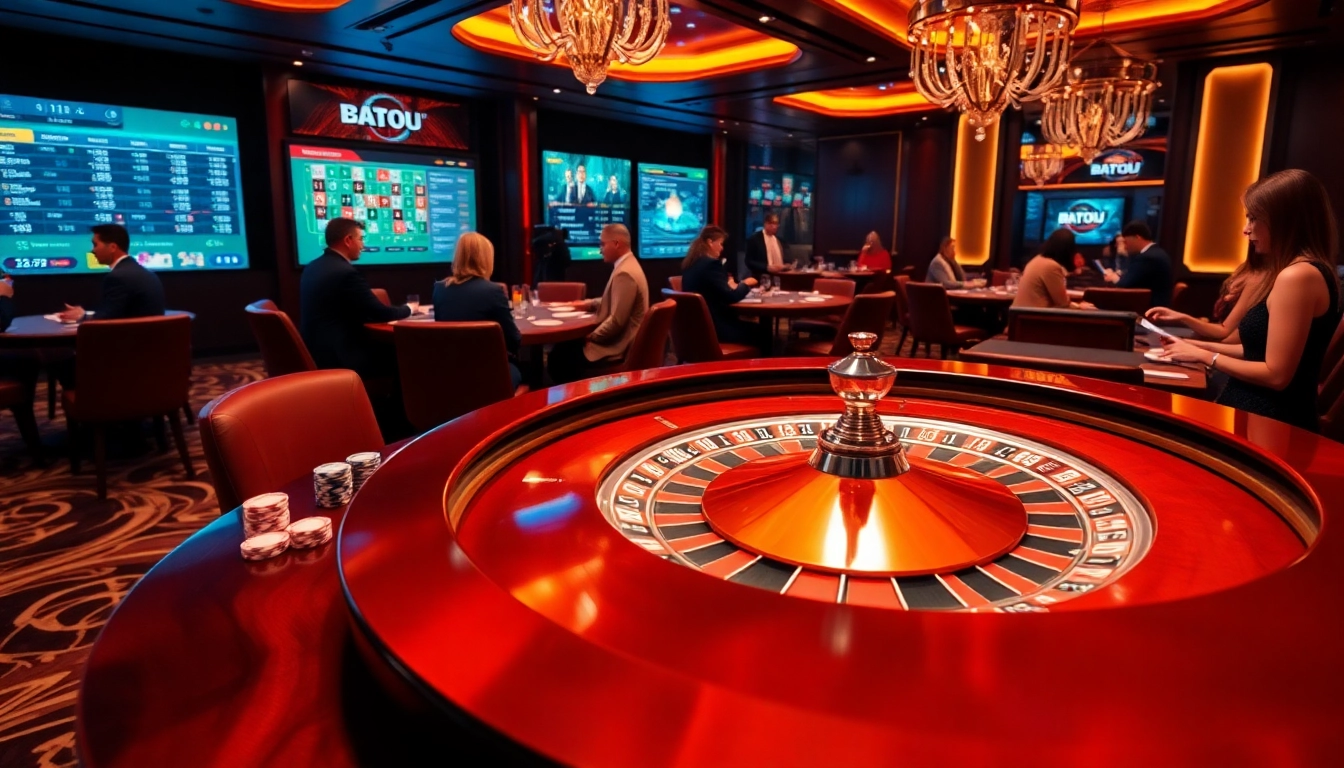 A vibrant casino scene with luxury gaming experiences at https://mmoo.de.com/, showcasing roulette, poker, and online betting excitement.