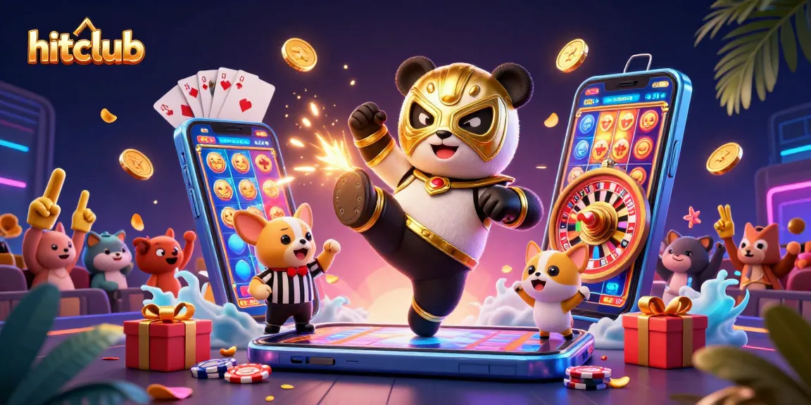 Engage in the hitclub experience with a vibrant 3D scene featuring a panda wrestler and lively animal spectators celebrating online gaming.