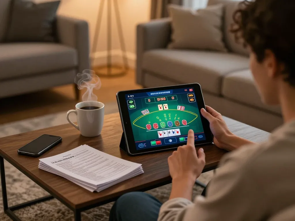 ww88 player engaged in live dealer blackjack from home setting with strategy notes and coffee.