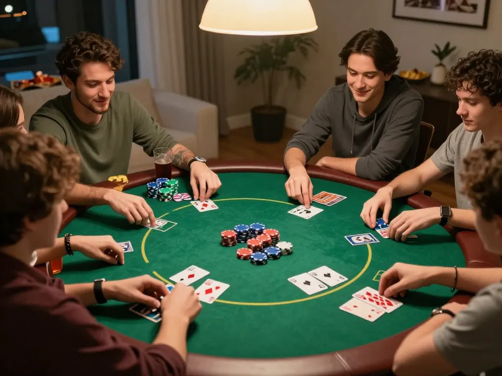 Friends playing Texas Hold'em at a poker table, featuring lc88 gameplay strategy and excitement.