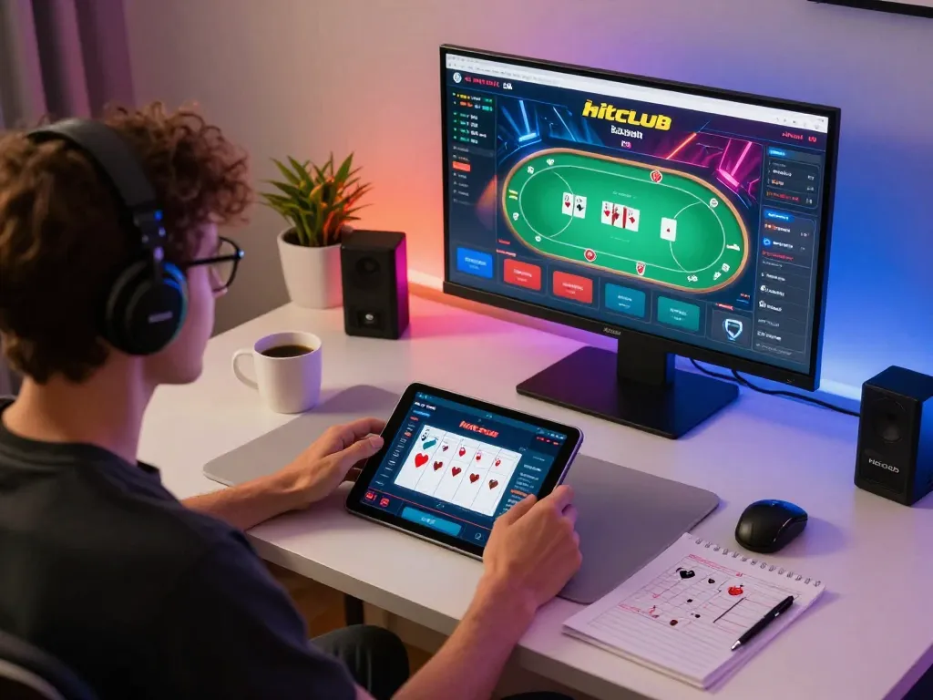 Engaged player participating in hitclub online poker game, showcasing modern gaming atmosphere and strategic interaction