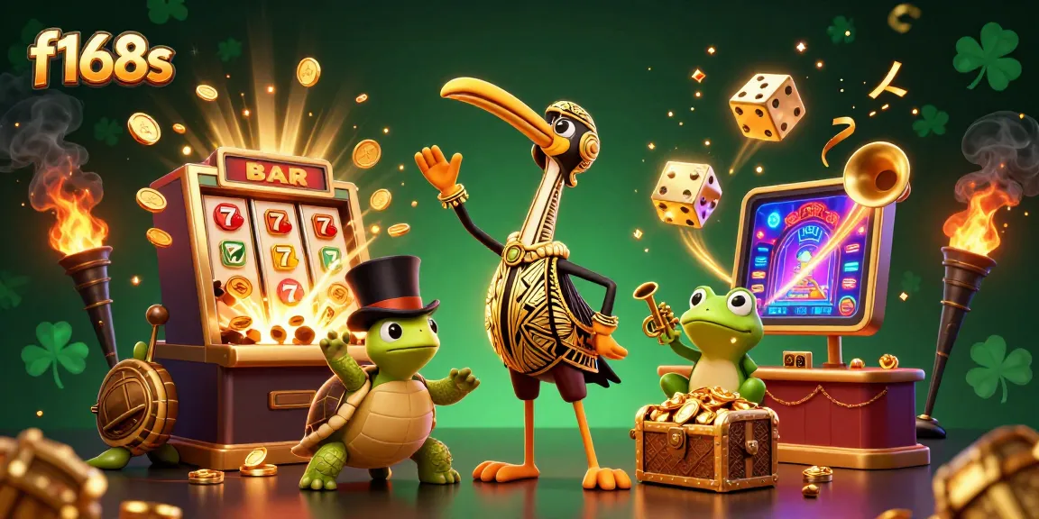 Experience excitement at f168s with vibrant 3D casino characters amidst jackpot symbols and gold.