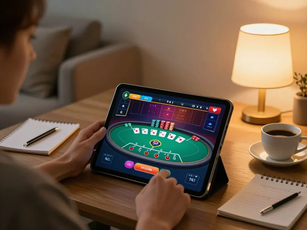 Engaging in poker strategy at home with OnBet on tablet, enhancing online gaming experience.
