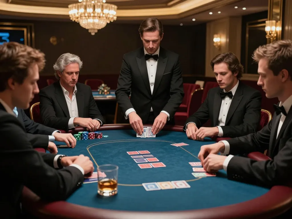 Players engaged in an intense poker game at an upscale casino table, showcasing strategic gameplay for okwin.