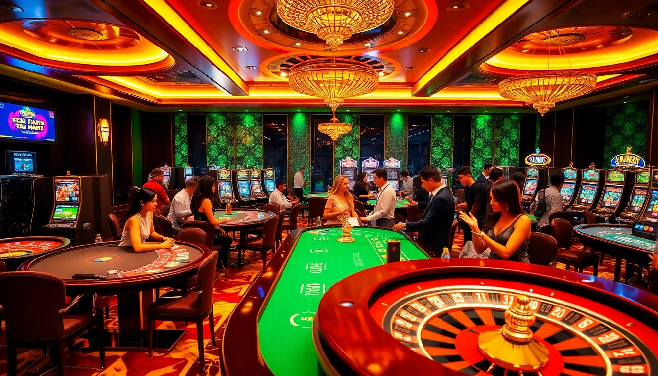 Experience the thrill of gambling at Vip88 with vibrant tables, roulette, and excited players.