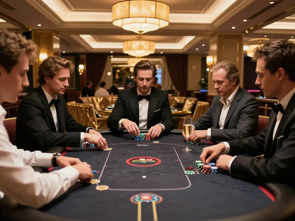 F8BET VIP gaming experience with players focused, elegant decor, and high-stakes poker game