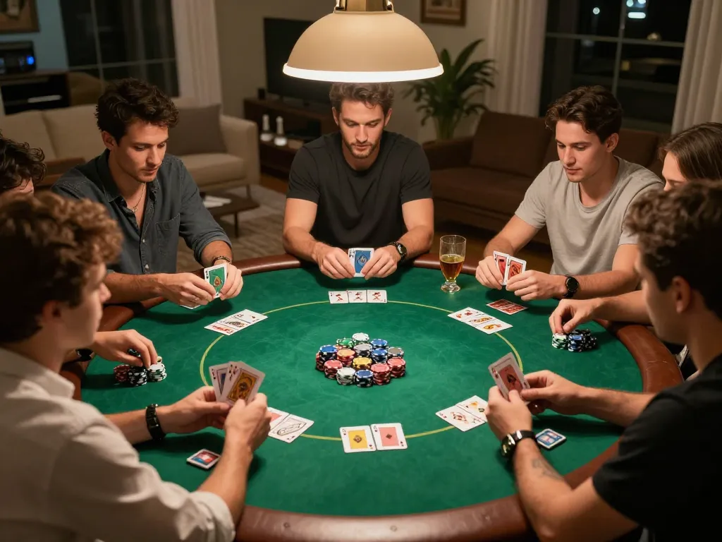Engaging poker night scene featuring friends playing Texas Hold'em, 79KING branding visible on cards.