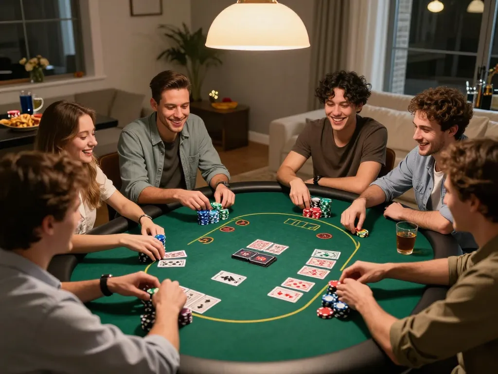 MAY88 poker night with friends enjoying Texas Hold'em under warm lighting.