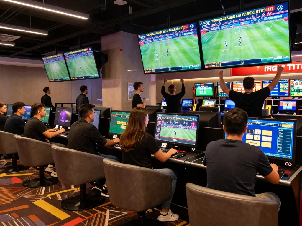 F168 bettors celebrating victories in a lively sportsbook at an online casino, showcasing excitement and strategy in sports.