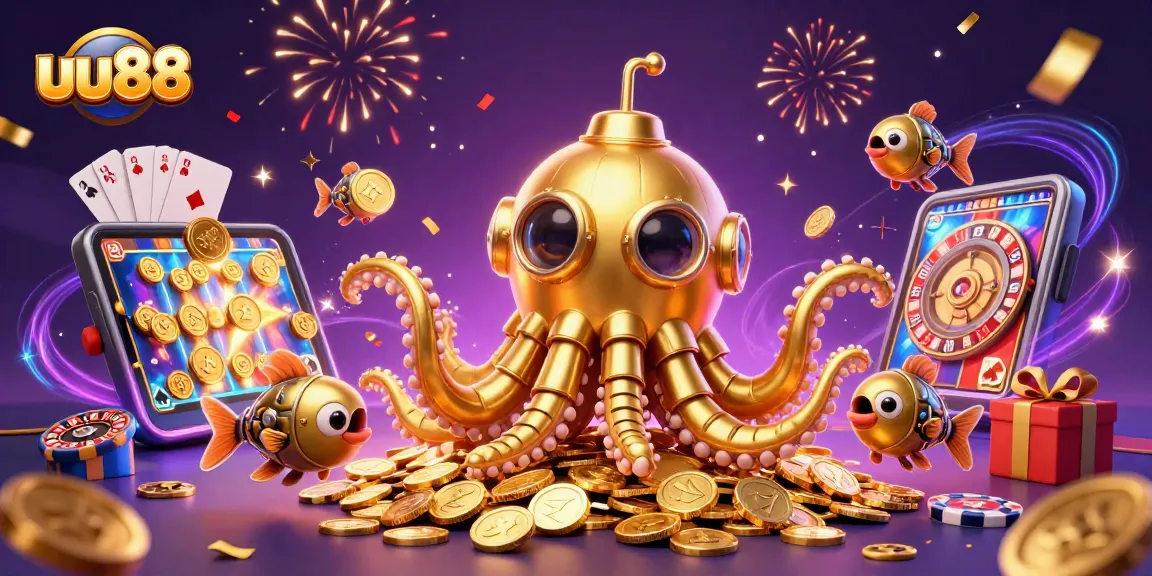 uu88 celebrates winning moments with a golden kraken and slot games surrounded by vibrant energy.