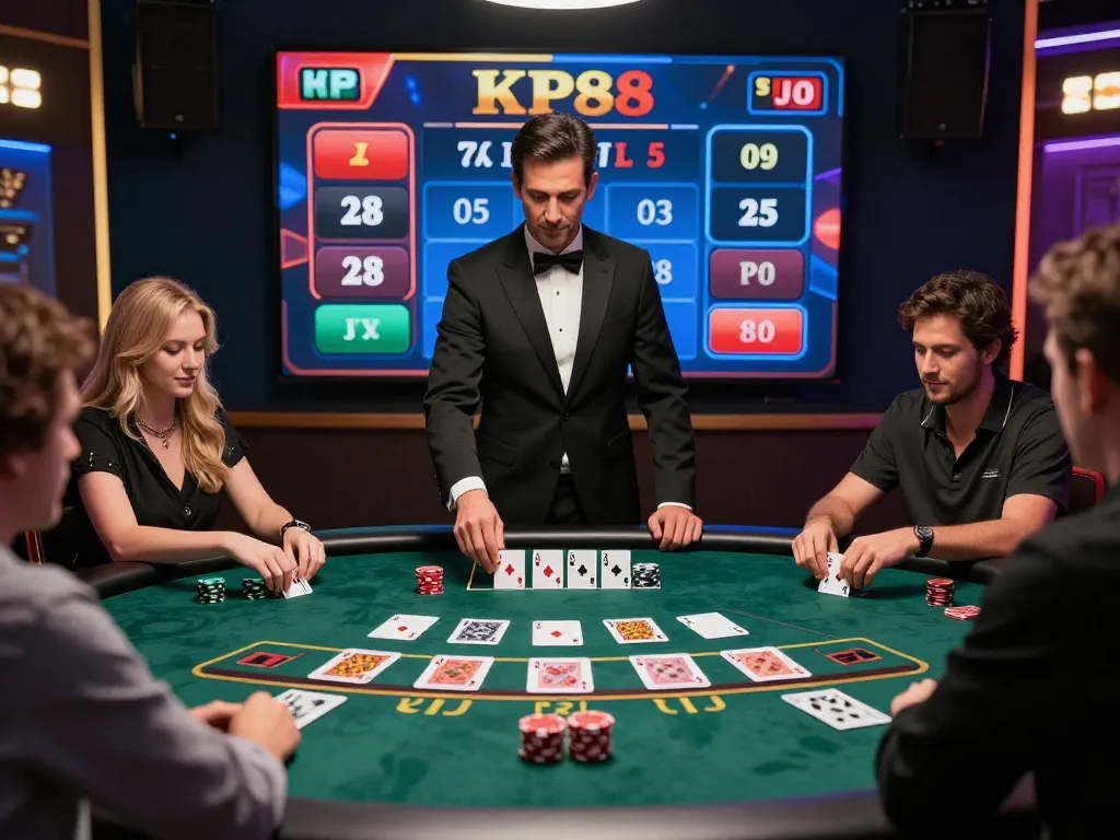 Players strategizing at a live blackjack table on KP88, enjoying a vibrant online casino atmosphere.