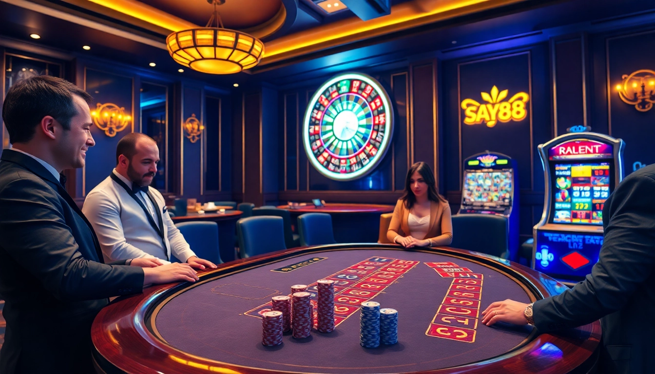 SAY88 casino scene highlighting gamblers at a blackjack table and a roulette wheel.