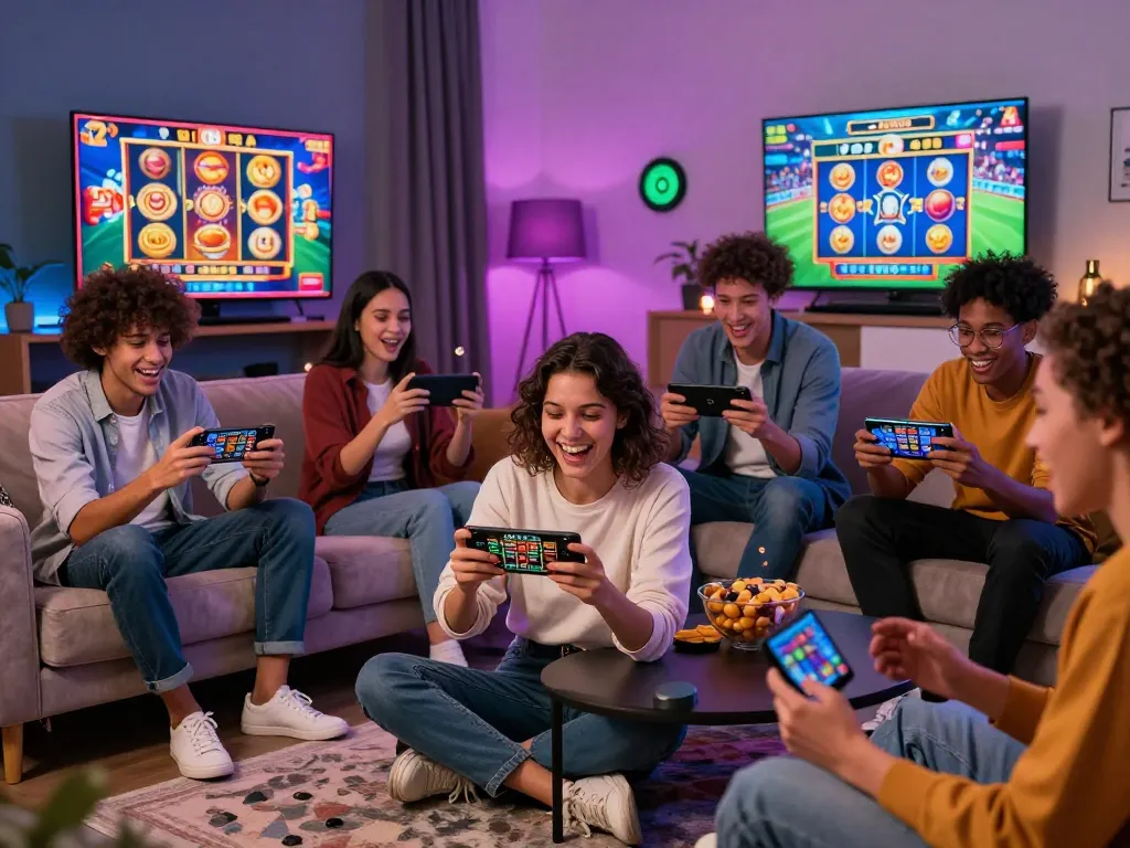 Friends enjoying the QE8 online betting experience in a vibrant living room