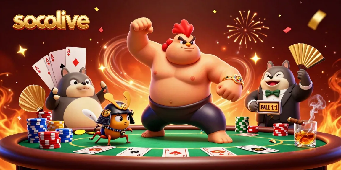 Socolive showcases a powerful sumo wrestler rooster and a samurai cricket amidst vibrant poker action.