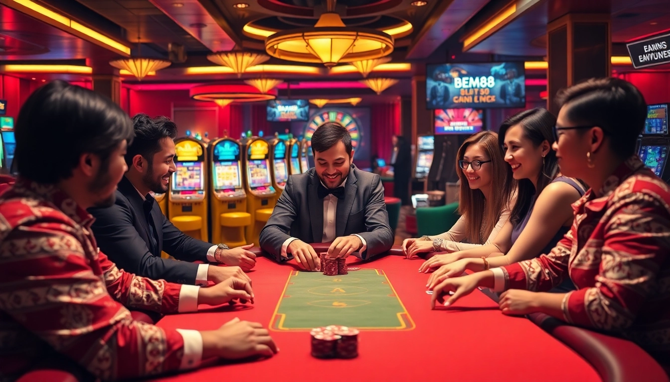 Players engaged in exciting poker action at BEM88, surrounded by vibrant casino atmosphere.