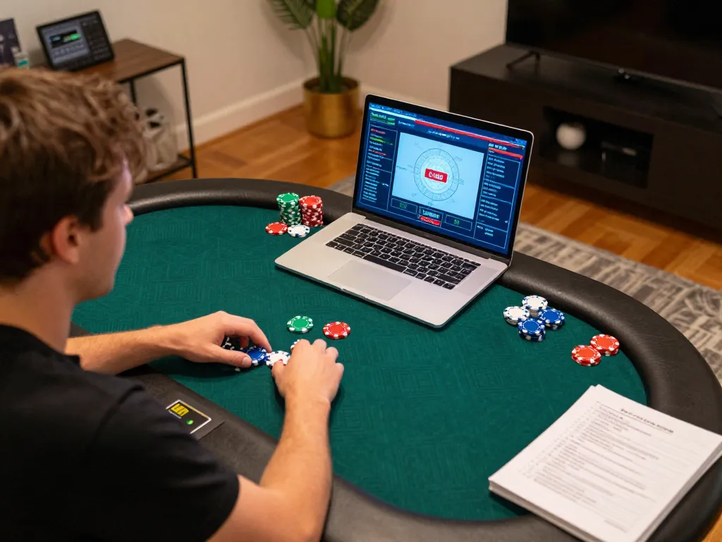 Engaging in C168 poker strategies on a laptop at home, showcasing vibrant gameplay elements.
