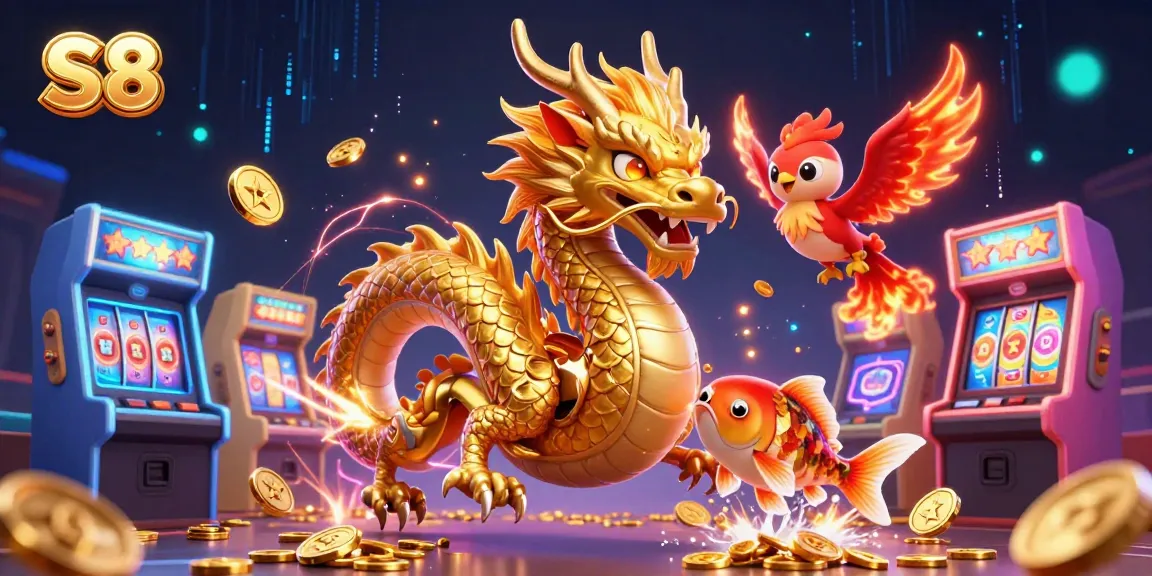 Win big at S8 with exciting dragons, phoenixes, and leaping koi fish surrounded by vibrant casino elements.
