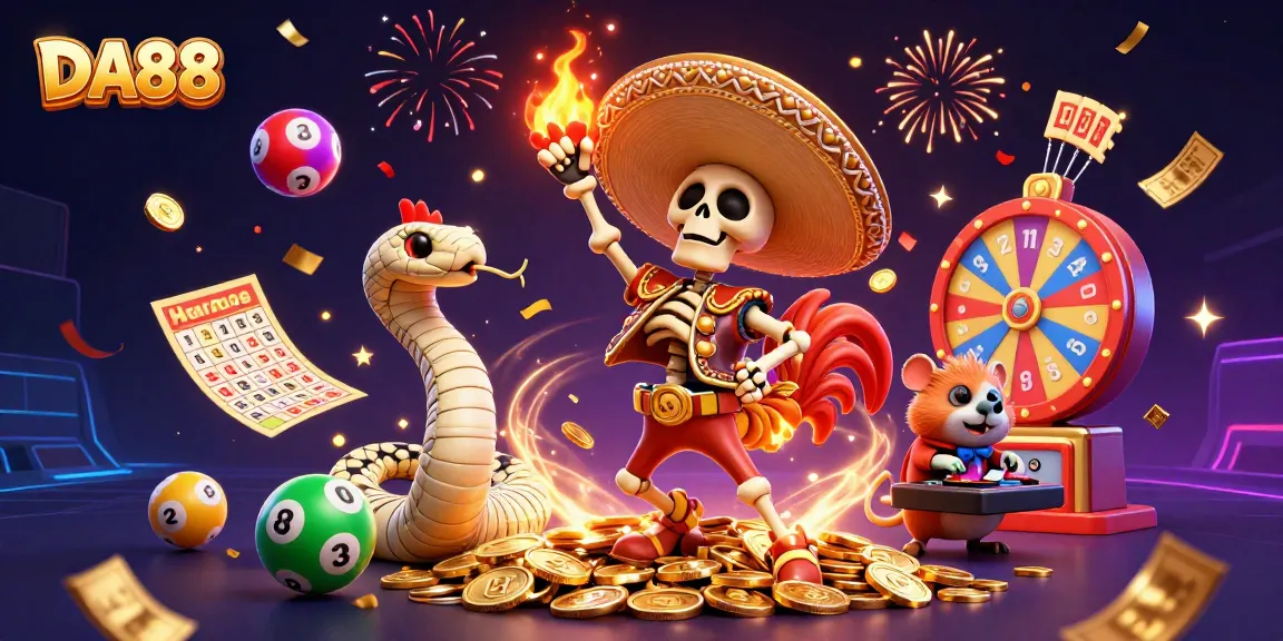 Experience the excitement of DA88 with colorful lottery elements and vibrant casino characters.
