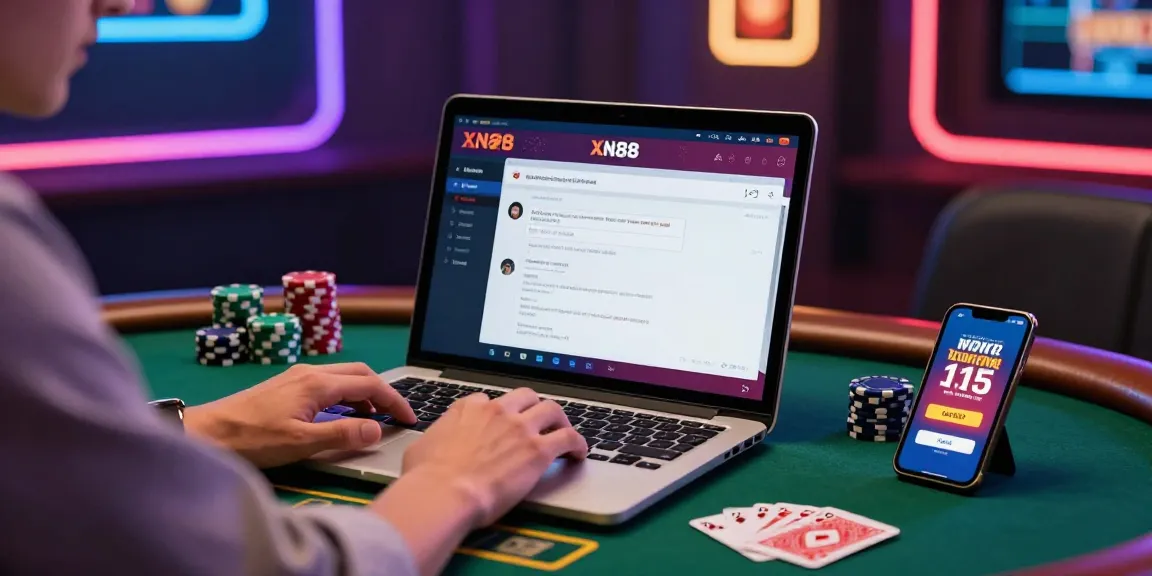 Engaged user experiencing XN88 online casino gaming with laptop and vibrant decor