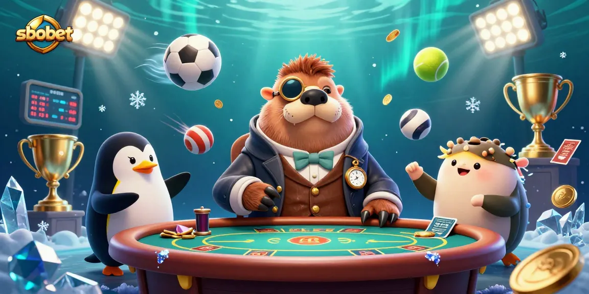 Sbobet hosts a thrilling underwater poker game with a walrus, penguin dealer, and pufferfish player.