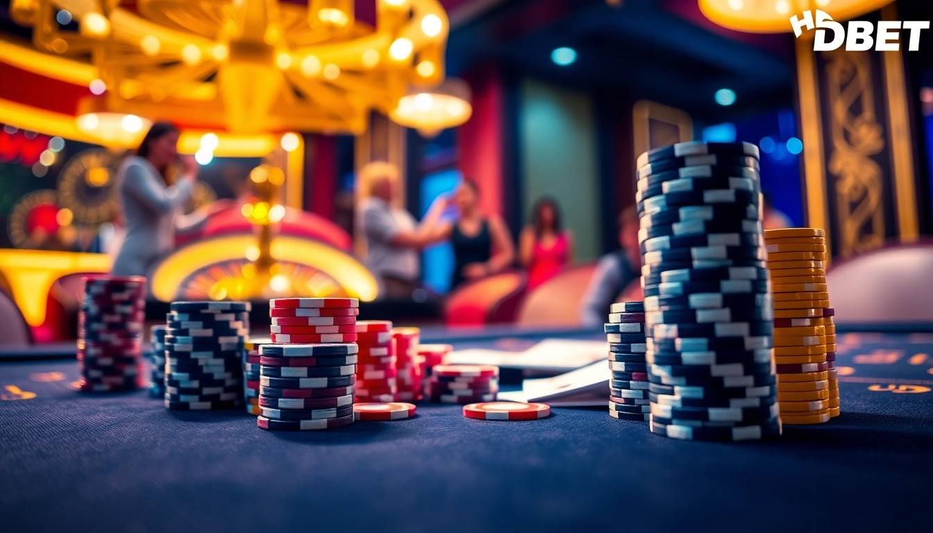 Engaging scene of HDBET players at a luxurious casino table with vibrant chips and cards.
