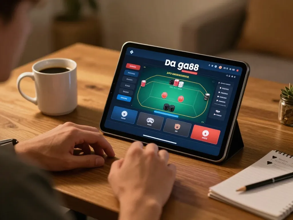 Player enjoying da ga88 on tablet, showcasing responsible gambling experience at home.