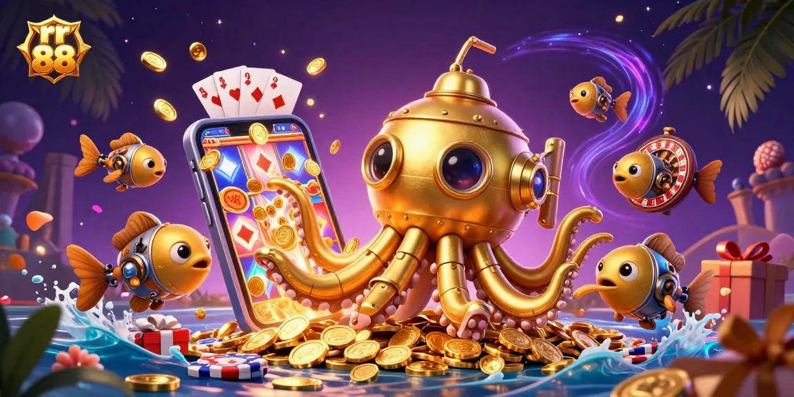 Experience thrilling gaming action with rr 88 featuring a golden kraken submarine and dynamic casino elements.