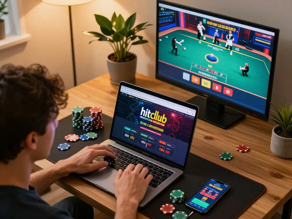 Engaged player using hitclub platform for online casino gaming, surrounded by poker chips and betting apps.