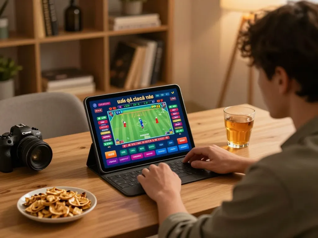 Engaging in đá gà trực tuyến on a tablet at home, showcasing a vibrant betting interface.