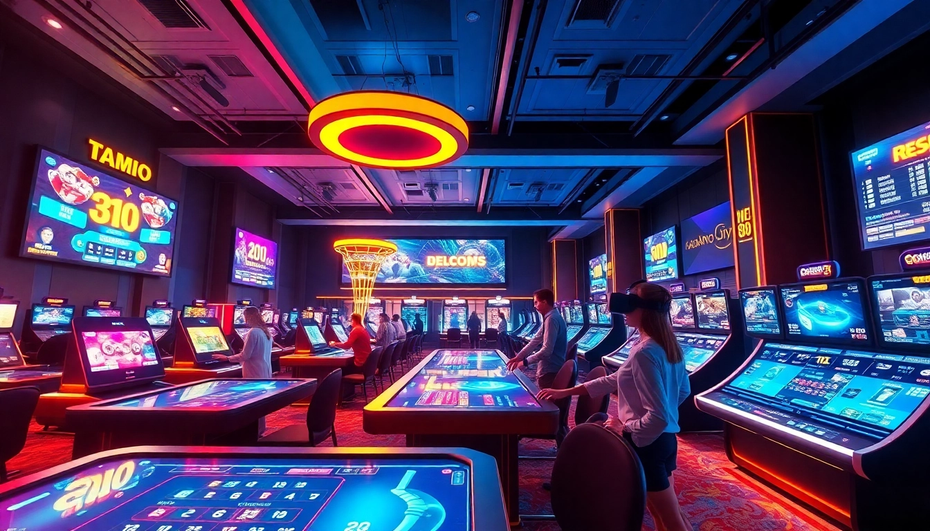 Exciting scene of new88 online gaming with digital casino tables and players engaged in high-tech betting.