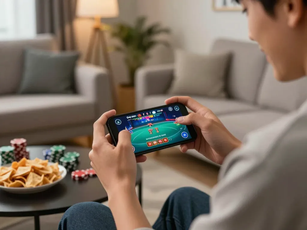 Rikvip player enjoying an engaging poker game on smartphone in a cozy home atmosphere