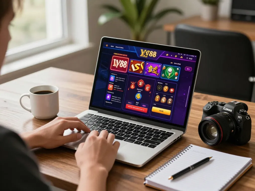 Player engaging with LV88 online casino on laptop, showcasing vibrant game interface and strategic notes.